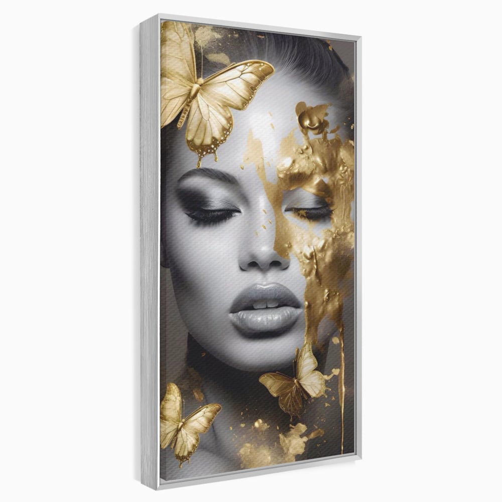 Tablou Canvas Premium LuxCanva® A1465, Vraja Fluturilor , Living, Femeie, Frumusete, Auriu, Decorativ, Culori Vibrante