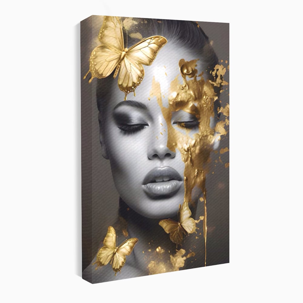 Tablou Canvas Premium LuxCanva® A1465, Vraja Fluturilor , Living, Femeie, Frumusete, Auriu, Decorativ, Culori Vibrante