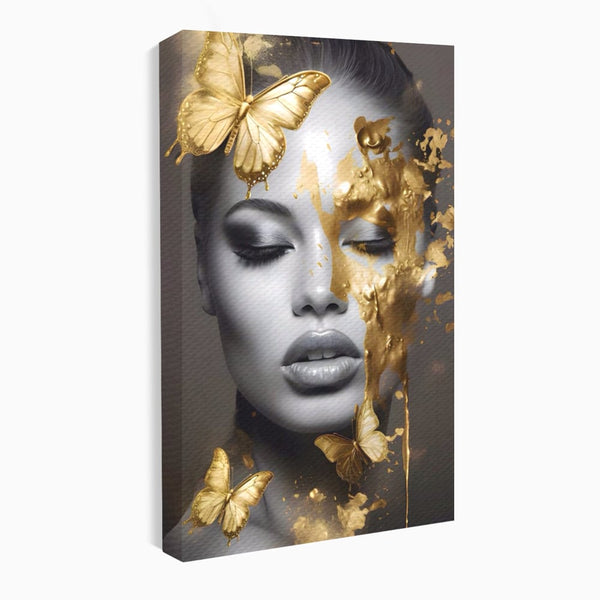 Tablou Canvas Premium LuxCanva® A1465, Vraja Fluturilor , Living, Femeie, Frumusete, Auriu, Decorativ, Culori Vibrante