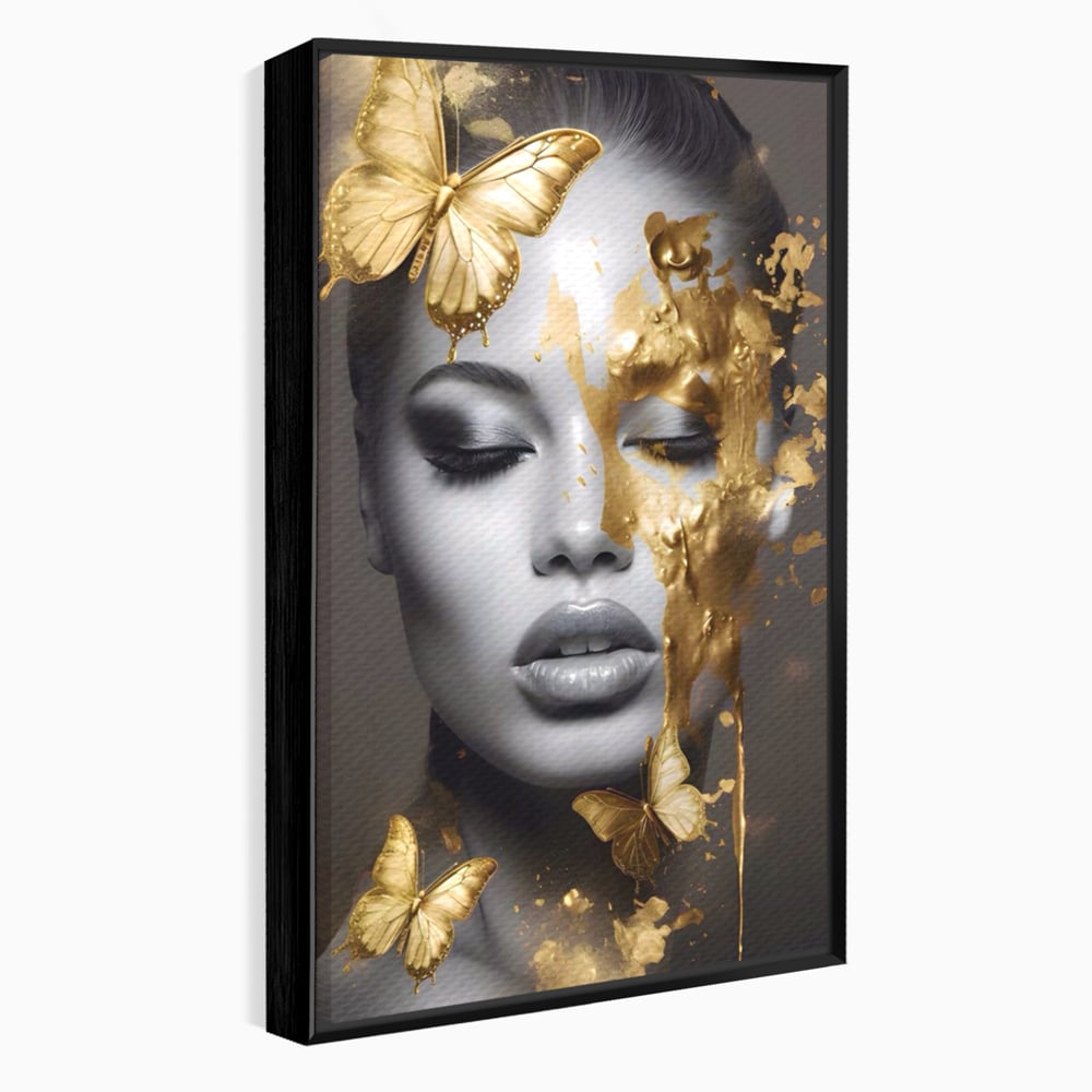 Tablou Canvas Premium LuxCanva® A1465, Vraja Fluturilor , Living, Femeie, Frumusete, Auriu, Decorativ, Culori Vibrante