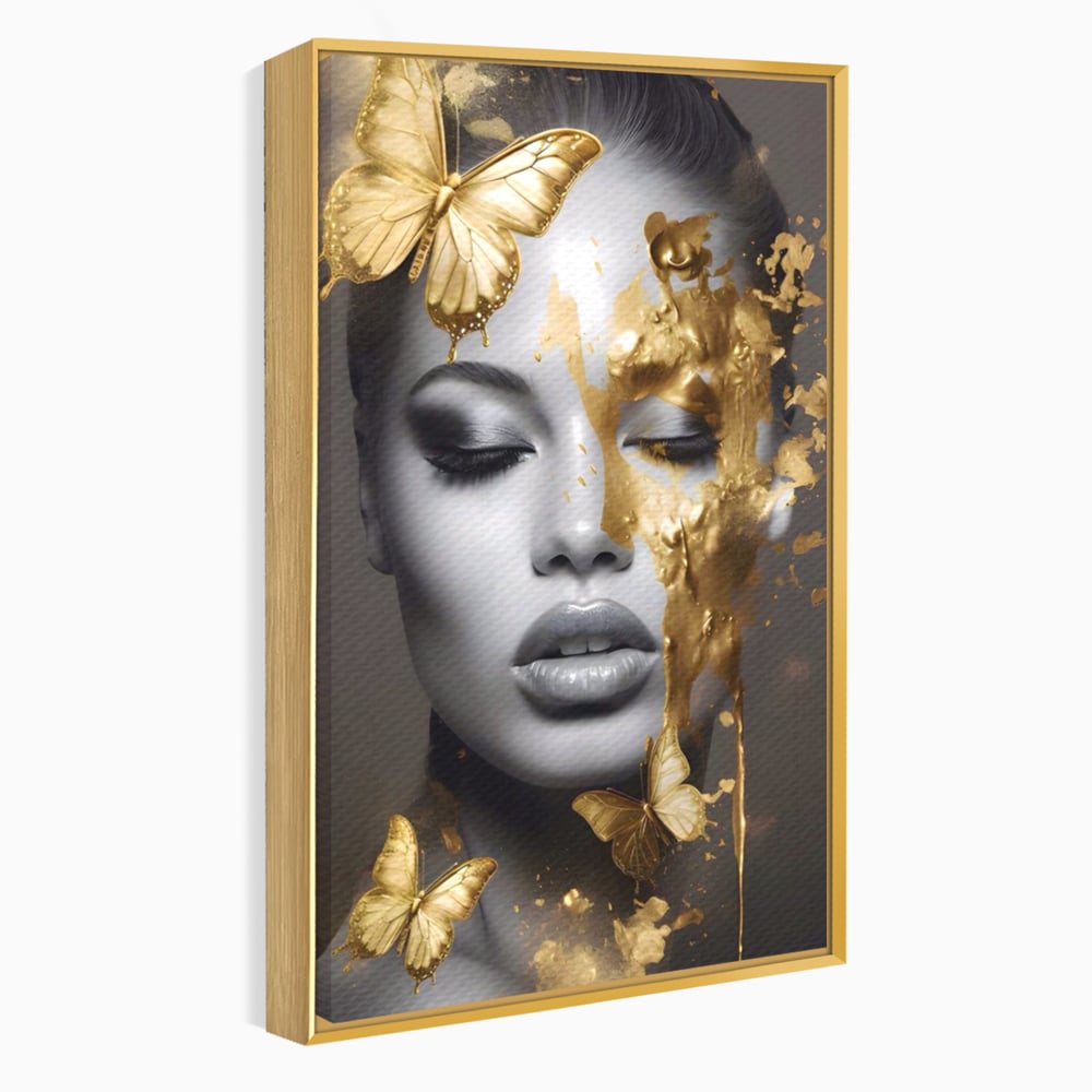 Tablou Canvas Premium LuxCanva® A1465, Vraja Fluturilor , Living, Femeie, Frumusete, Auriu, Decorativ, Culori Vibrante