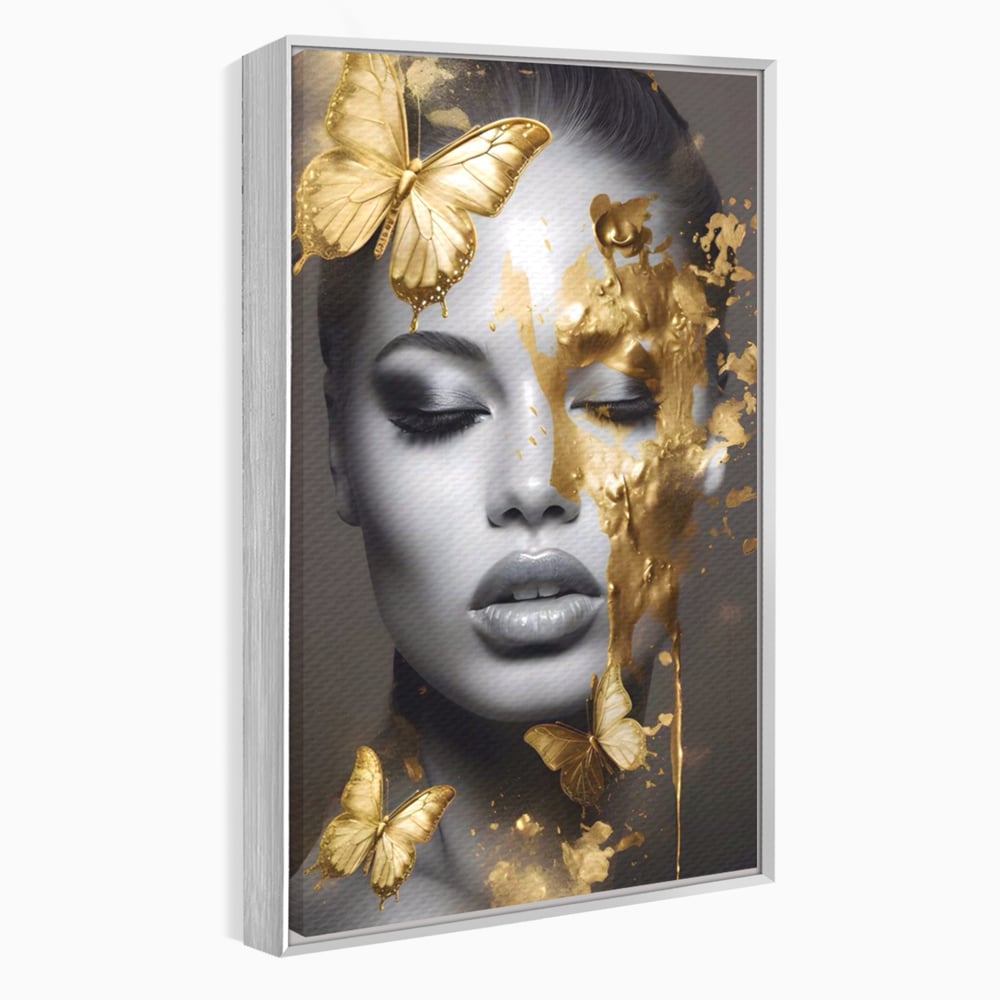 Tablou Canvas Premium LuxCanva® A1465, Vraja Fluturilor , Living, Femeie, Frumusete, Auriu, Decorativ, Culori Vibrante