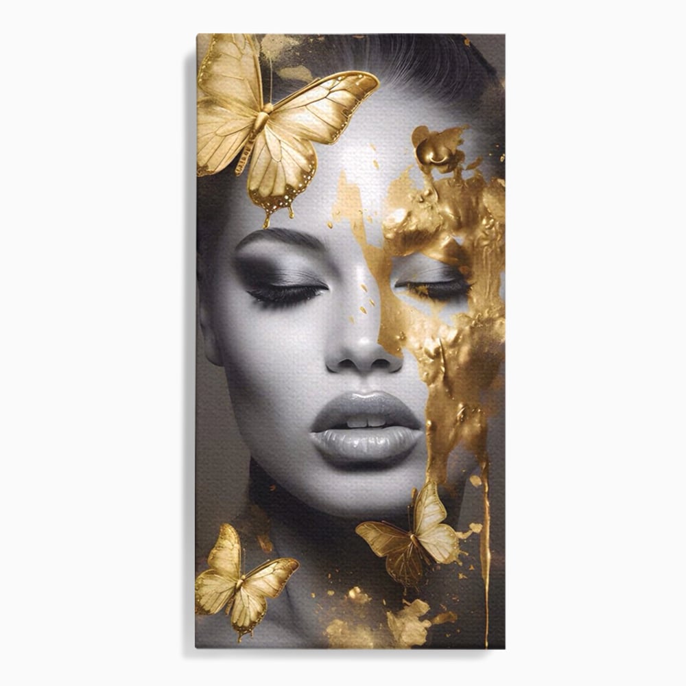 Tablou Canvas Premium LuxCanva® A1465, Vraja Fluturilor , Living, Femeie, Frumusete, Auriu, Decorativ, Culori Vibrante