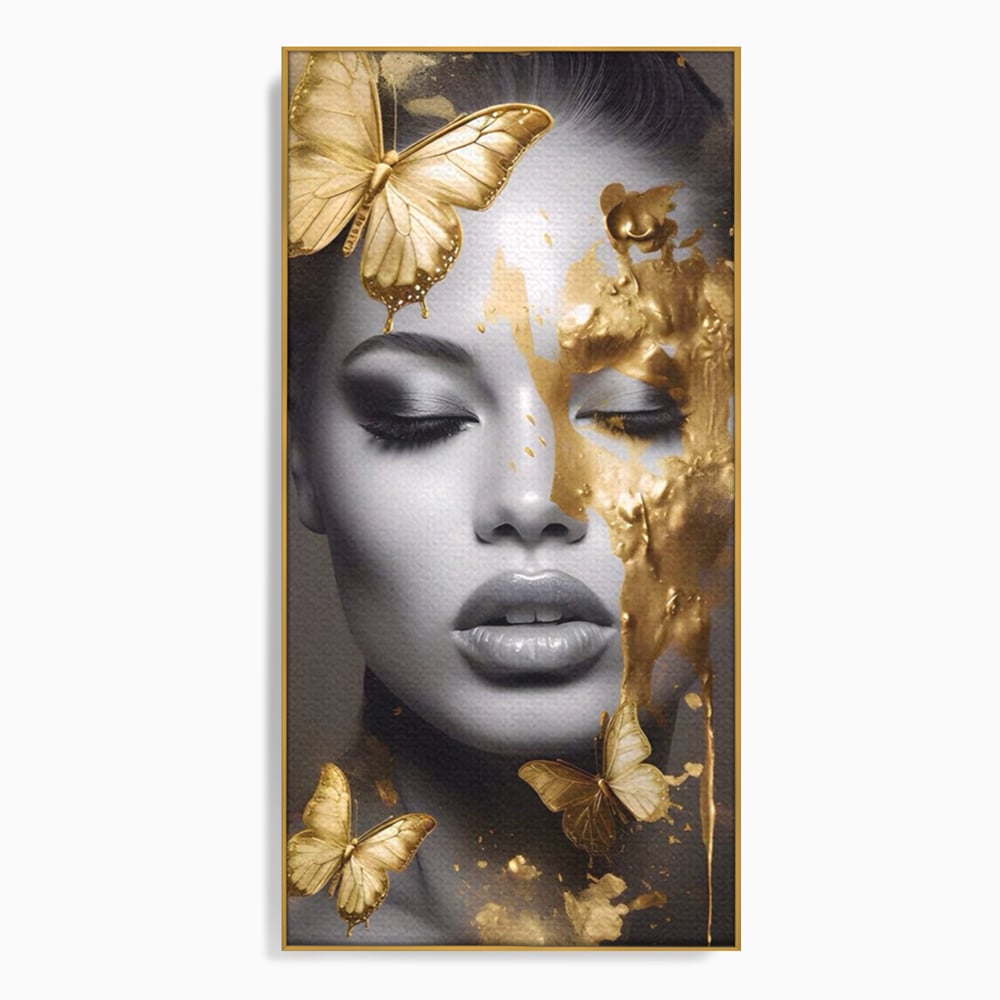 Tablou Canvas Premium LuxCanva® A1465, Vraja Fluturilor , Living, Femeie, Frumusete, Auriu, Decorativ, Culori Vibrante