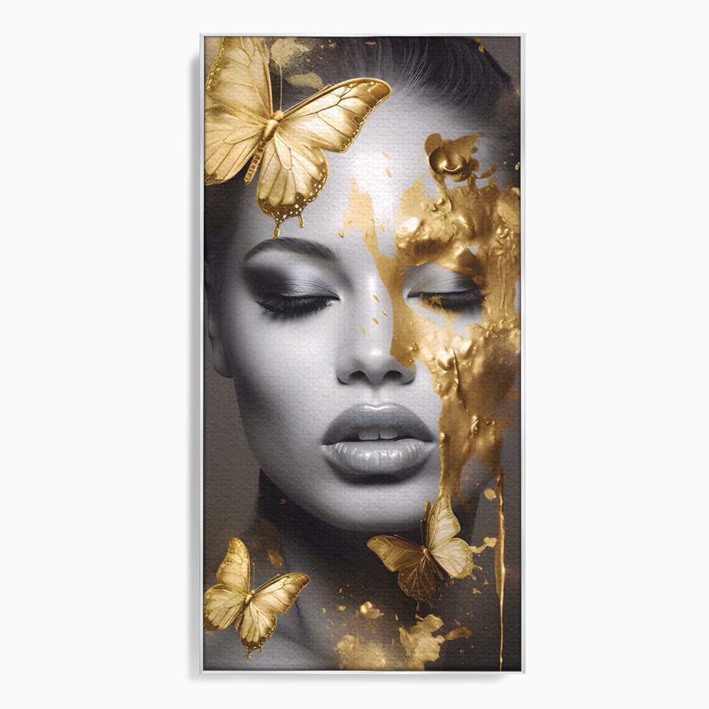 Tablou Canvas Premium LuxCanva® A1465, Vraja Fluturilor , Living, Femeie, Frumusete, Auriu, Decorativ, Culori Vibrante