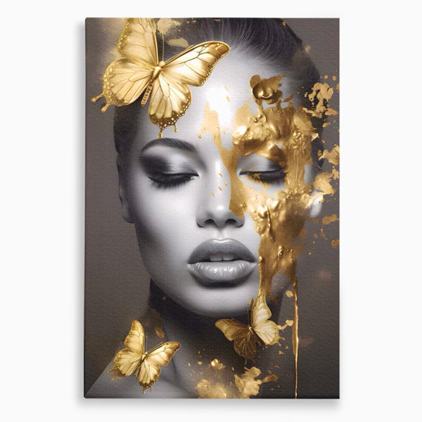 Tablou Canvas Premium LuxCanva® A1465, Vraja Fluturilor , Living, Femeie, Frumusete, Auriu, Decorativ, Culori Vibrante