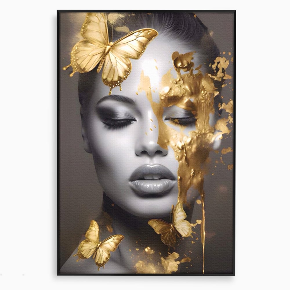 Tablou Canvas Premium LuxCanva® A1465, Vraja Fluturilor , Living, Femeie, Frumusete, Auriu, Decorativ, Culori Vibrante