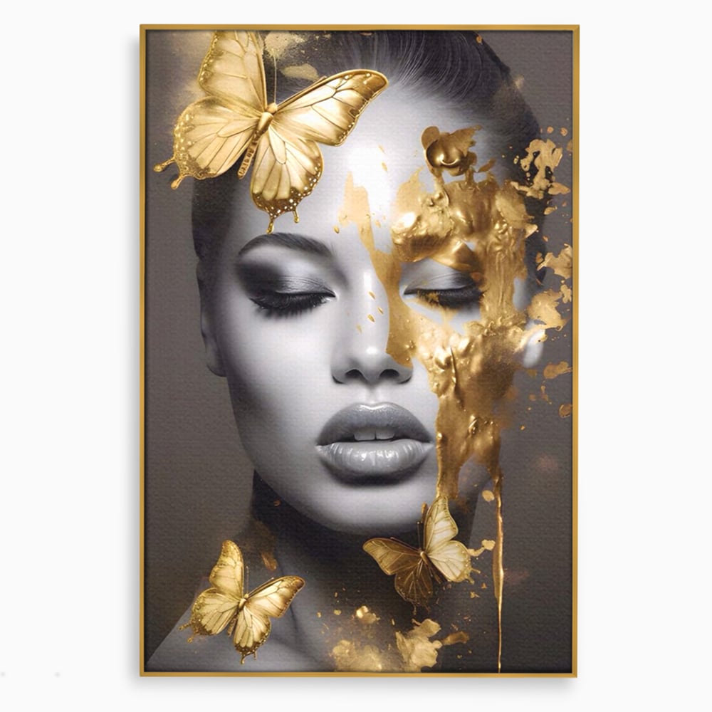Tablou Canvas Premium LuxCanva® A1465, Vraja Fluturilor , Living, Femeie, Frumusete, Auriu, Decorativ, Culori Vibrante