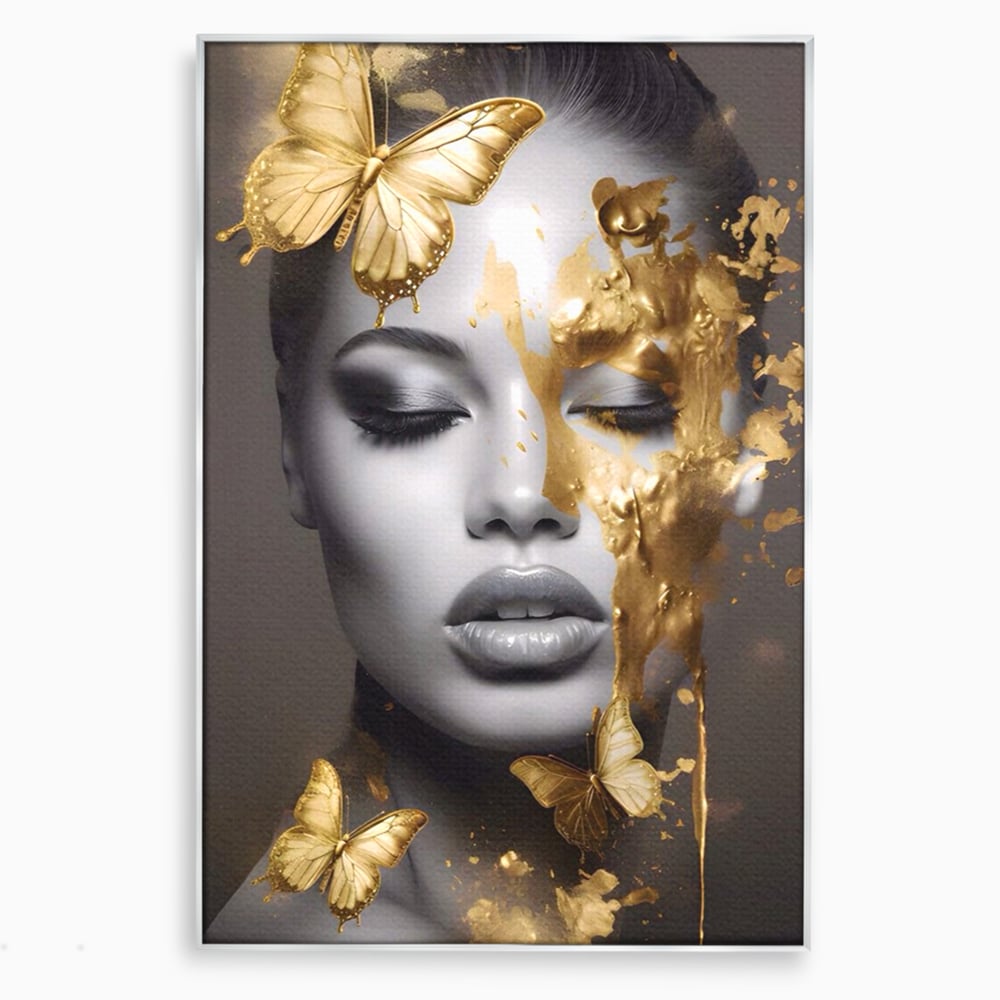 Tablou Canvas Premium LuxCanva® A1465, Vraja Fluturilor , Living, Femeie, Frumusete, Auriu, Decorativ, Culori Vibrante