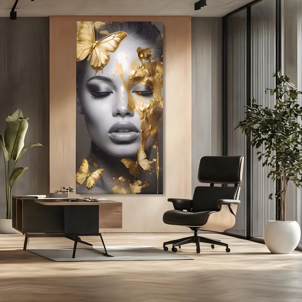 Tablou Canvas Premium LuxCanva® A1465, Vraja Fluturilor , Living, Femeie, Frumusete, Auriu, Decorativ, Culori Vibrante