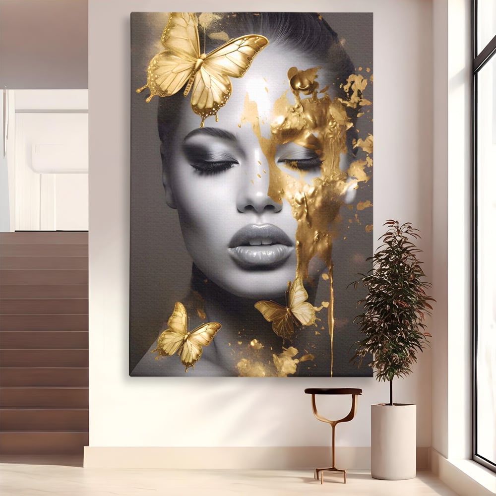 Tablou Canvas Premium LuxCanva® A1465, Vraja Fluturilor , Living, Femeie, Frumusete, Auriu, Decorativ, Culori Vibrante