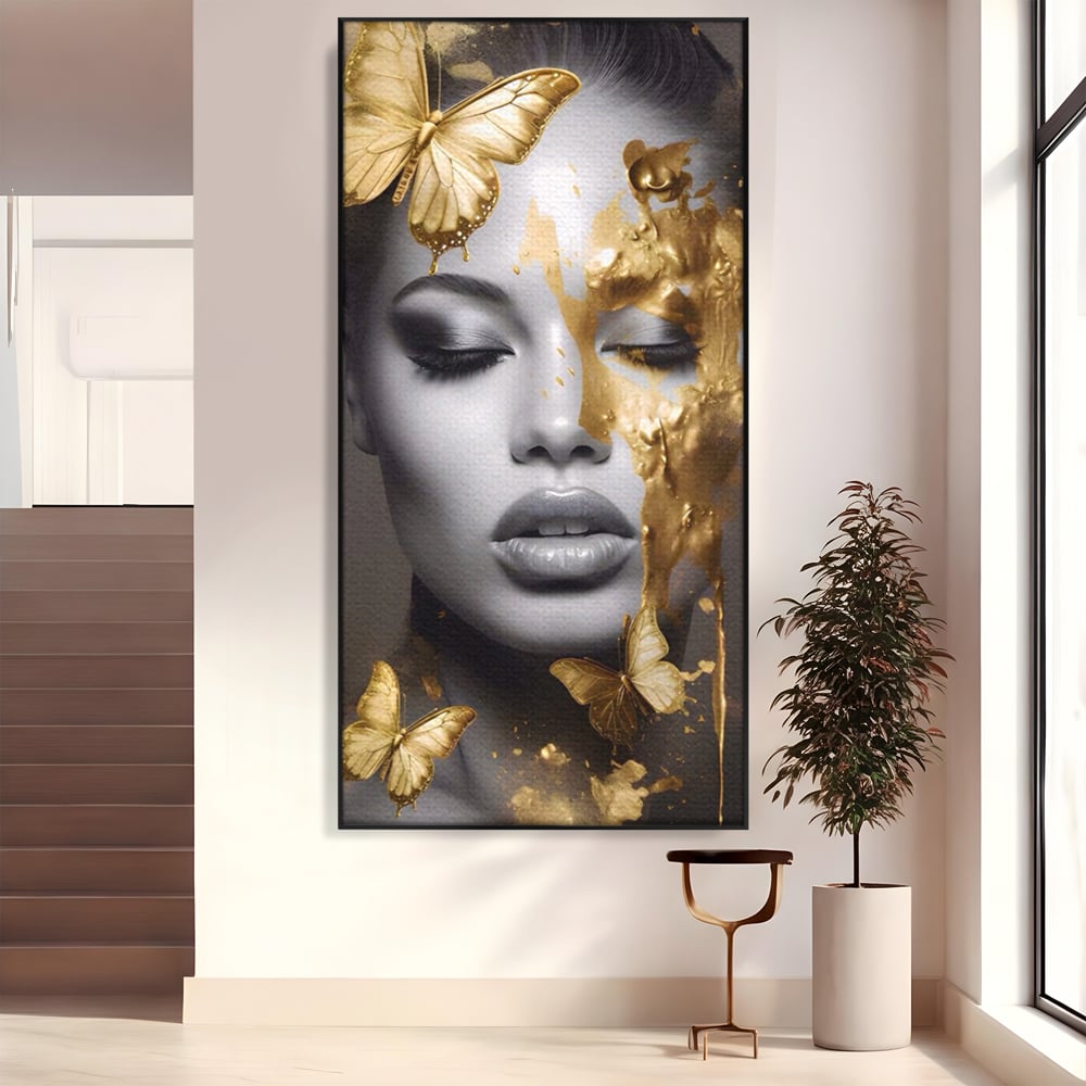 Tablou Canvas Premium LuxCanva® A1465, Vraja Fluturilor , Living, Femeie, Frumusete, Auriu, Decorativ, Culori Vibrante