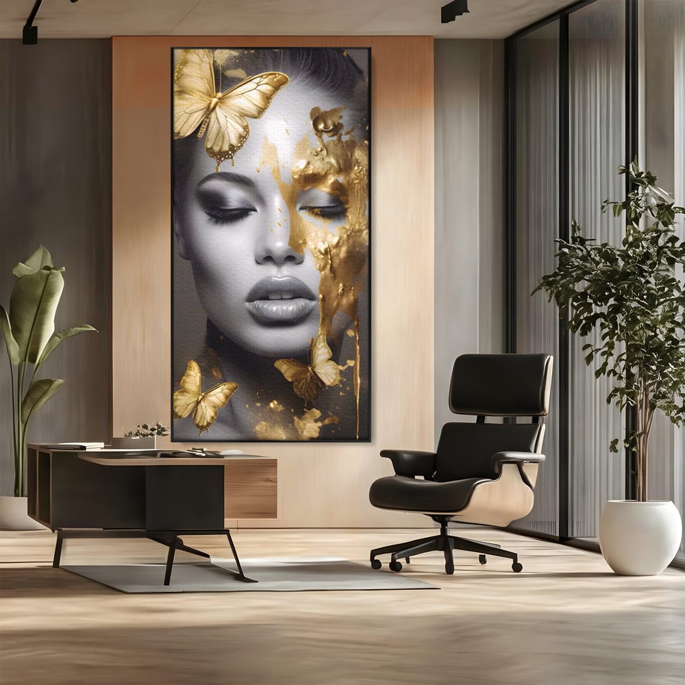 Tablou Canvas Premium LuxCanva® A1465, Vraja Fluturilor , Living, Femeie, Frumusete, Auriu, Decorativ, Culori Vibrante