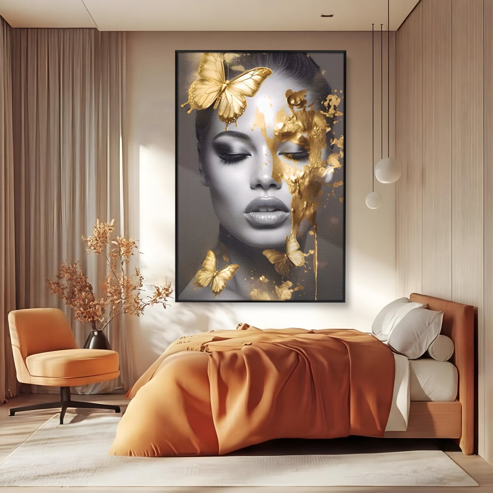 Tablou Canvas Premium LuxCanva® A1465, Vraja Fluturilor , Living, Femeie, Frumusete, Auriu, Decorativ, Culori Vibrante