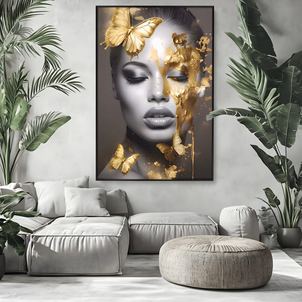 Tablou Canvas Premium LuxCanva® A1465, Vraja Fluturilor , Living, Femeie, Frumusete, Auriu, Decorativ, Culori Vibrante