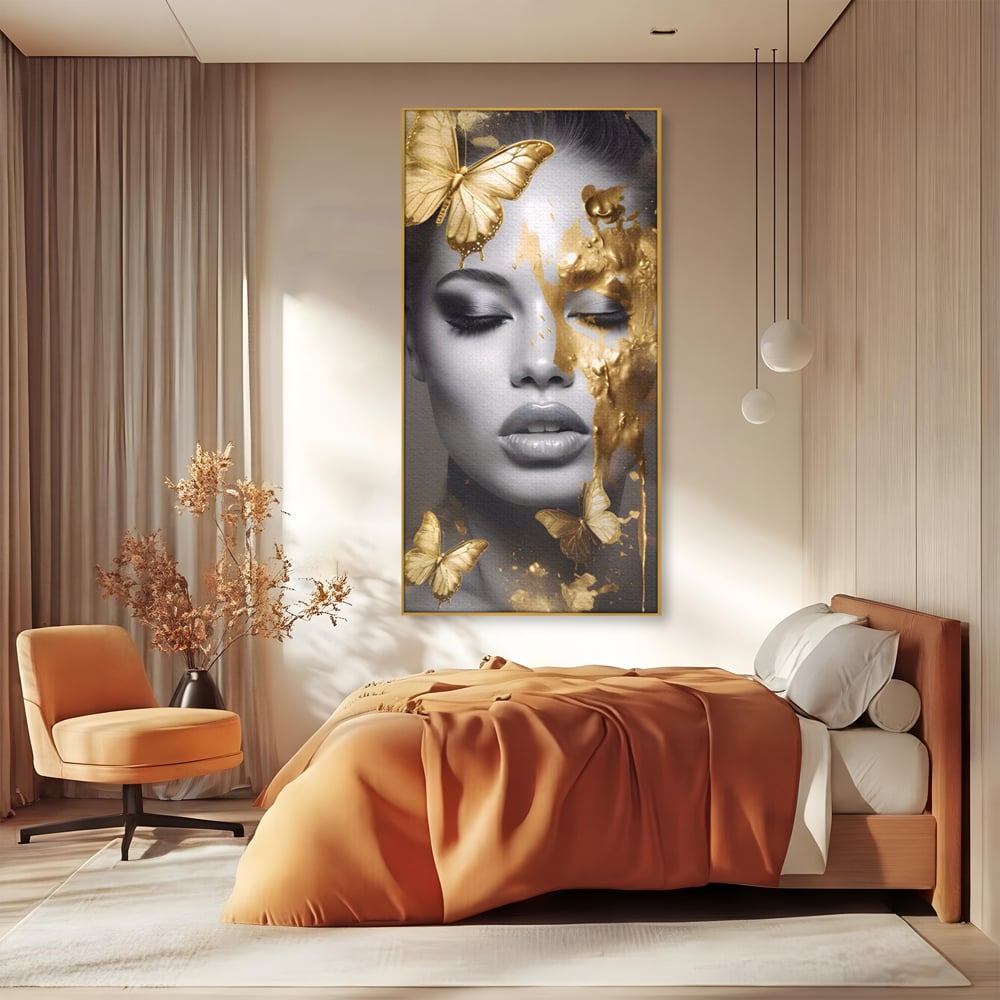 Tablou Canvas Premium LuxCanva® A1465, Vraja Fluturilor , Living, Femeie, Frumusete, Auriu, Decorativ, Culori Vibrante