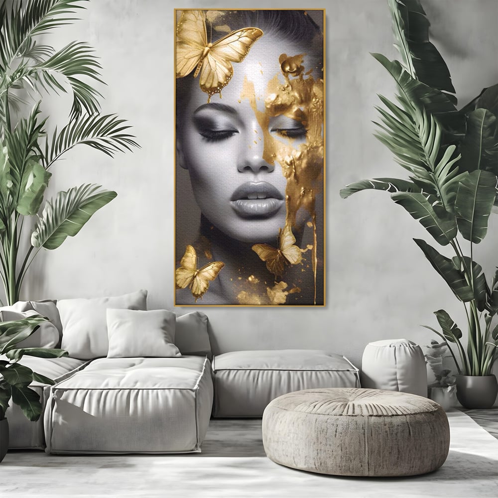 Tablou Canvas Premium LuxCanva® A1465, Vraja Fluturilor , Living, Femeie, Frumusete, Auriu, Decorativ, Culori Vibrante