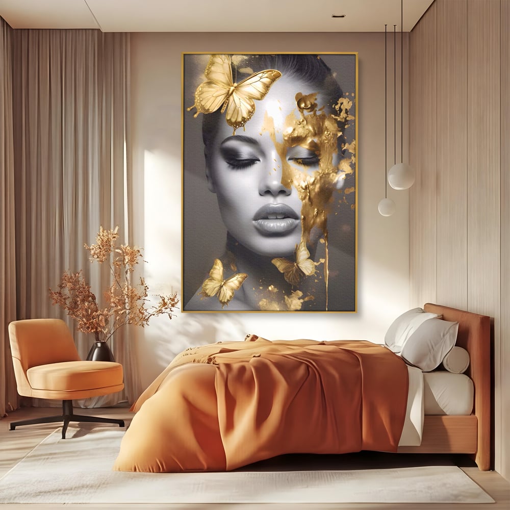 Tablou Canvas Premium LuxCanva® A1465, Vraja Fluturilor , Living, Femeie, Frumusete, Auriu, Decorativ, Culori Vibrante