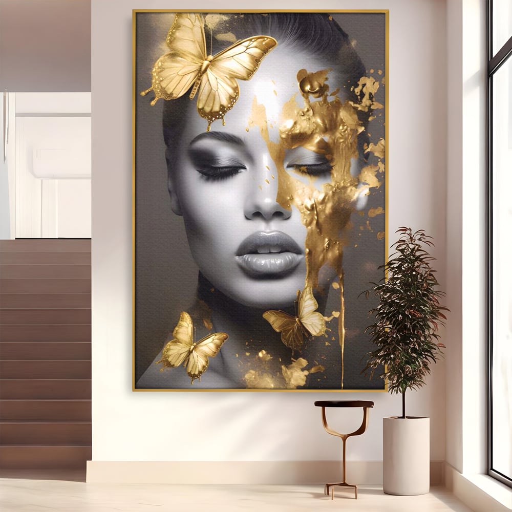 Tablou Canvas Premium LuxCanva® A1465, Vraja Fluturilor , Living, Femeie, Frumusete, Auriu, Decorativ, Culori Vibrante