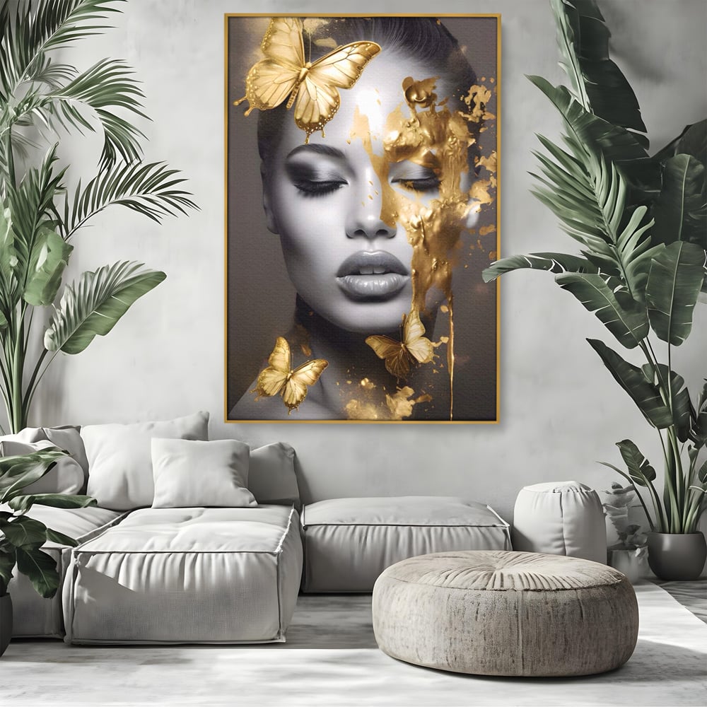 Tablou Canvas Premium LuxCanva® A1465, Vraja Fluturilor , Living, Femeie, Frumusete, Auriu, Decorativ, Culori Vibrante