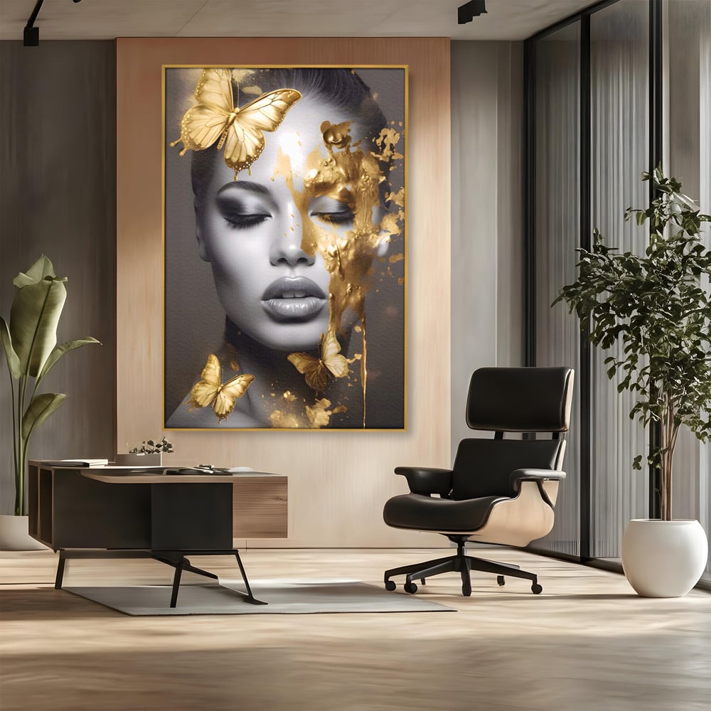 Tablou Canvas Premium LuxCanva® A1465, Vraja Fluturilor , Living, Femeie, Frumusete, Auriu, Decorativ, Culori Vibrante