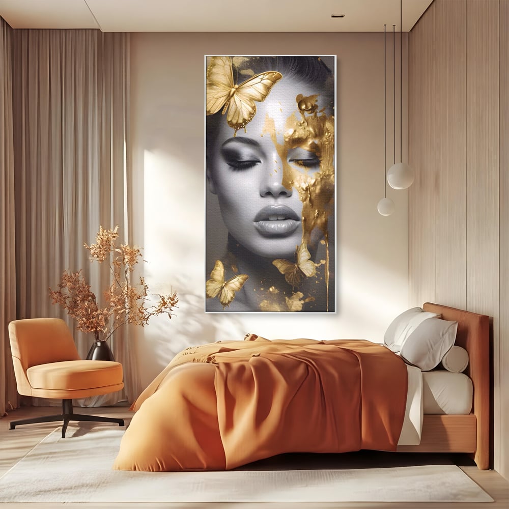 Tablou Canvas Premium LuxCanva® A1465, Vraja Fluturilor , Living, Femeie, Frumusete, Auriu, Decorativ, Culori Vibrante