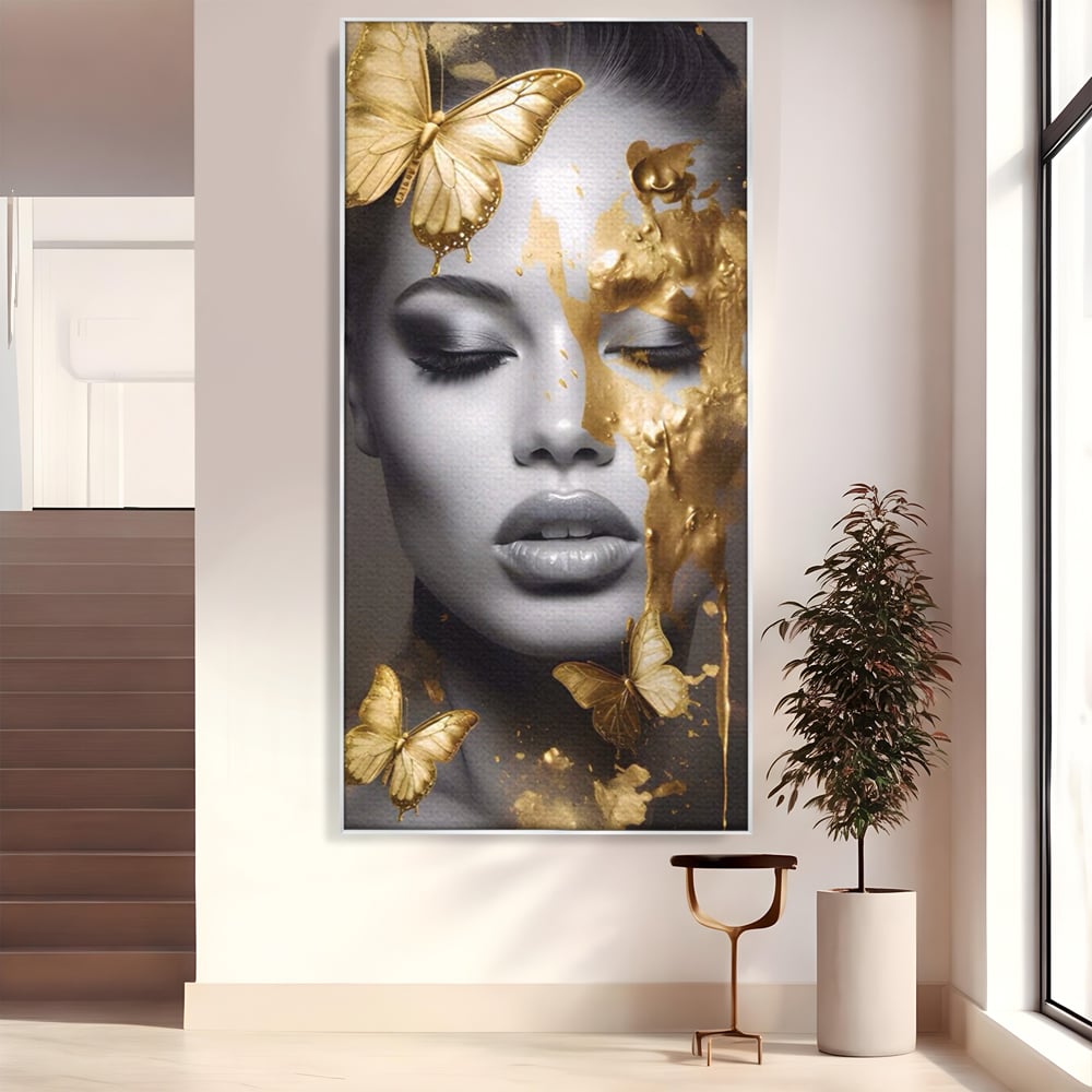 Tablou Canvas Premium LuxCanva® A1465, Vraja Fluturilor , Living, Femeie, Frumusete, Auriu, Decorativ, Culori Vibrante