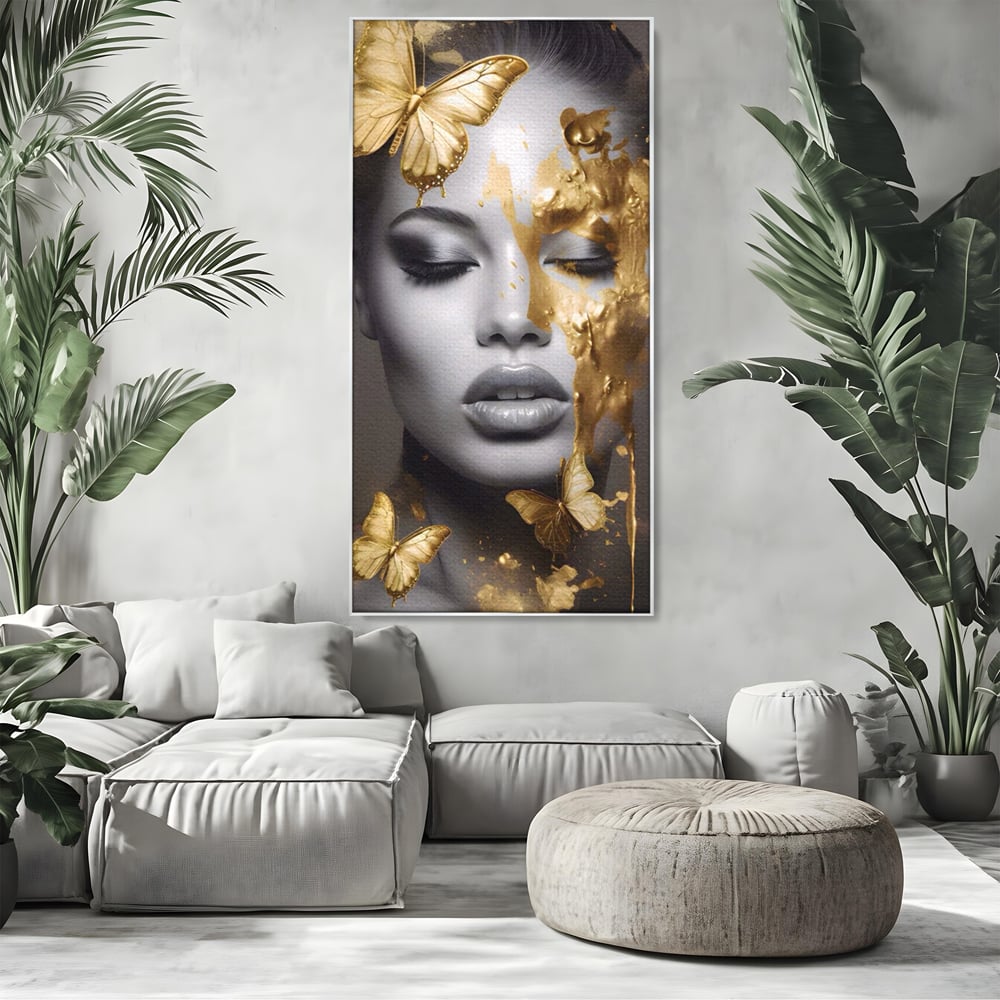 Tablou Canvas Premium LuxCanva® A1465, Vraja Fluturilor , Living, Femeie, Frumusete, Auriu, Decorativ, Culori Vibrante
