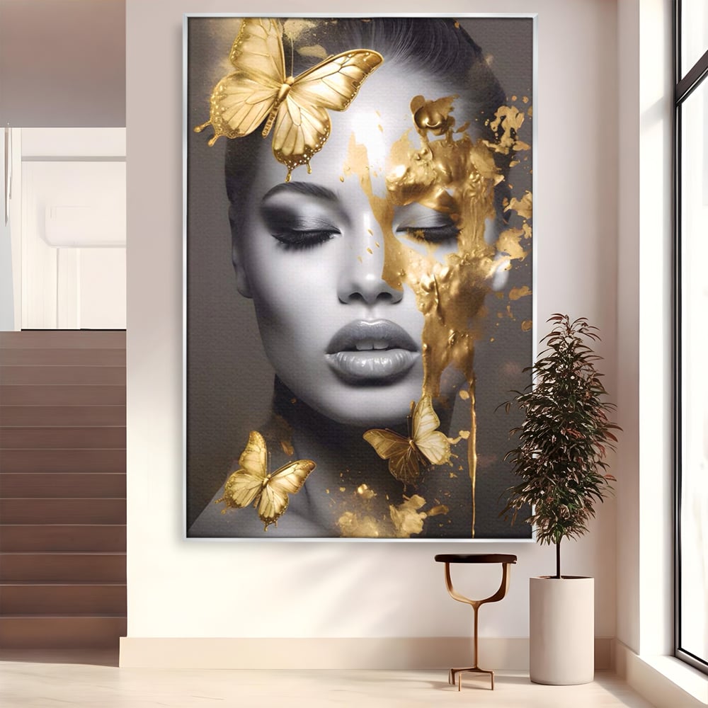 Tablou Canvas Premium LuxCanva® A1465, Vraja Fluturilor , Living, Femeie, Frumusete, Auriu, Decorativ, Culori Vibrante