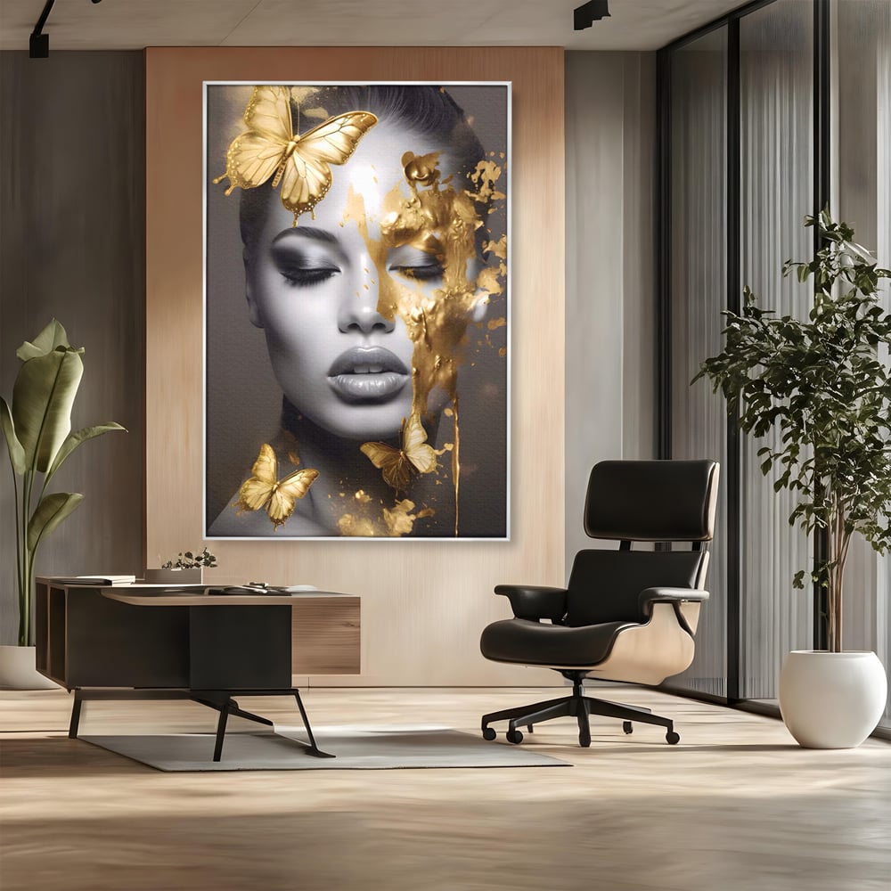Tablou Canvas Premium LuxCanva® A1465, Vraja Fluturilor , Living, Femeie, Frumusete, Auriu, Decorativ, Culori Vibrante