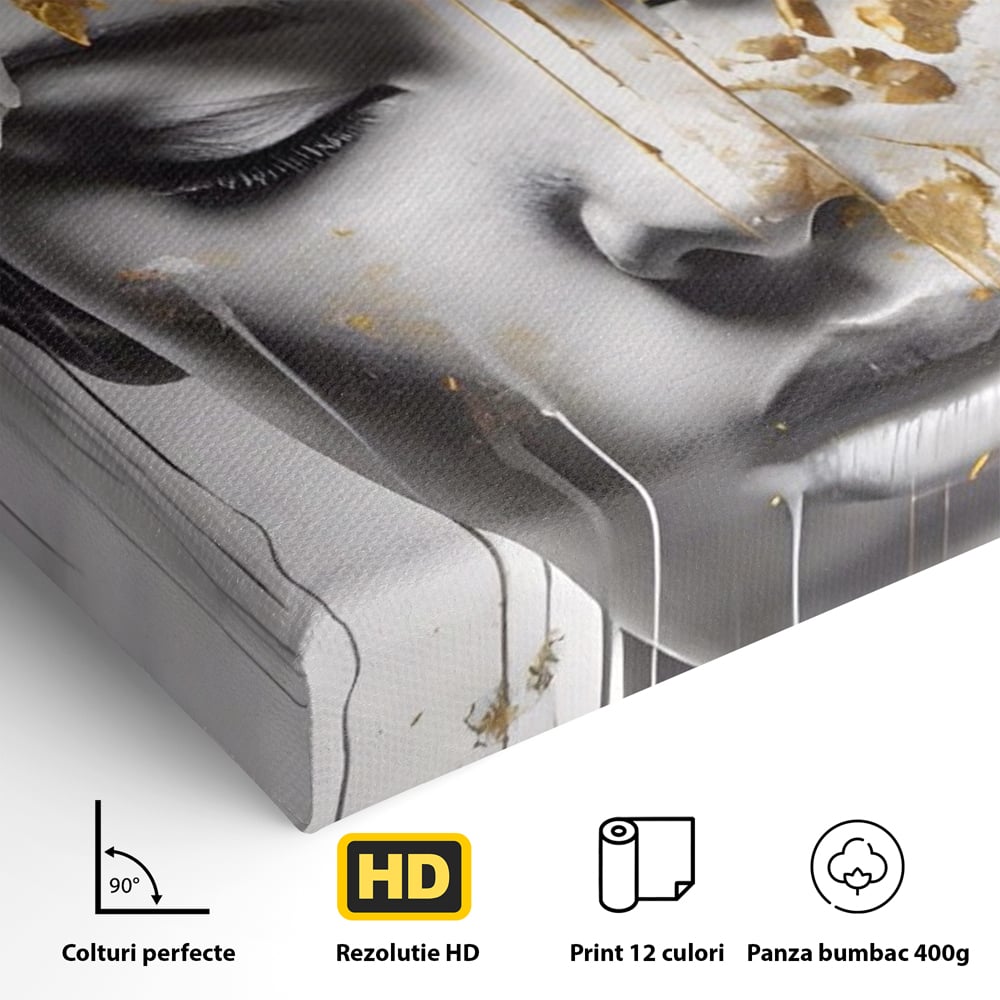 Tablou Canvas Premium LuxCanva® A1467, Chip Infloritor , Living, Fata, Flori, Linii Aurii, Decorativ, Room, Culori Vibrante