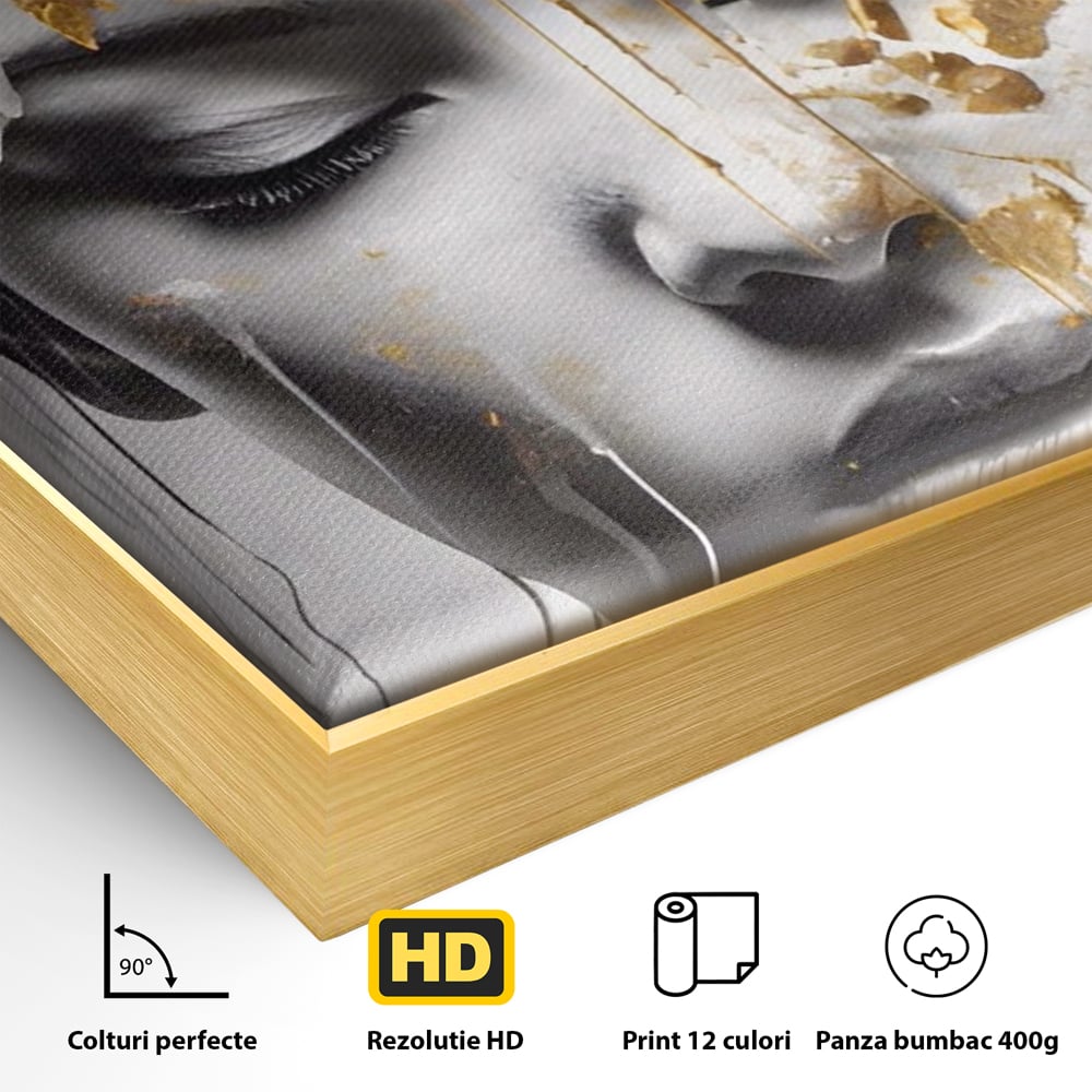 Tablou Canvas Premium LuxCanva® A1467, Chip Infloritor , Living, Fata, Flori, Linii Aurii, Decorativ, Room, Culori Vibrante