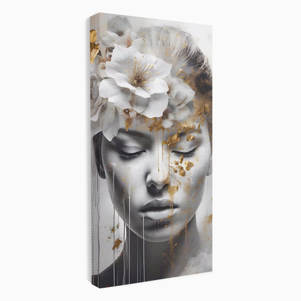 Tablou Canvas Premium LuxCanva® A1467, Chip Infloritor , Living, Fata, Flori, Linii Aurii, Decorativ, Room, Culori Vibrante
