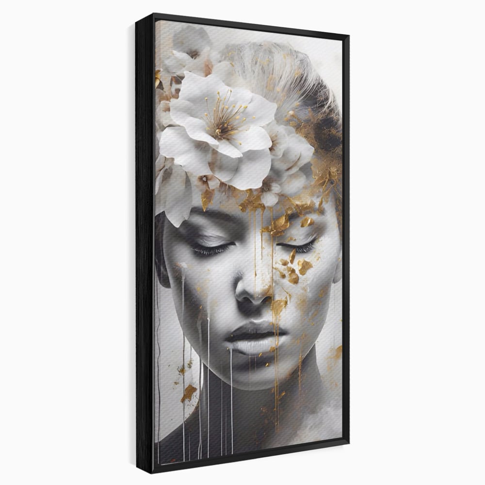 Tablou Canvas Premium LuxCanva® A1467, Chip Infloritor , Living, Fata, Flori, Linii Aurii, Decorativ, Room, Culori Vibrante