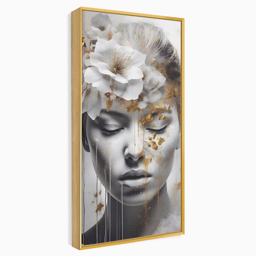 Tablou Canvas Premium LuxCanva® A1467, Chip Infloritor , Living, Fata, Flori, Linii Aurii, Decorativ, Room, Culori Vibrante