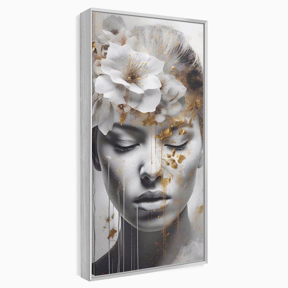 Tablou Canvas Premium LuxCanva® A1467, Chip Infloritor , Living, Fata, Flori, Linii Aurii, Decorativ, Room, Culori Vibrante