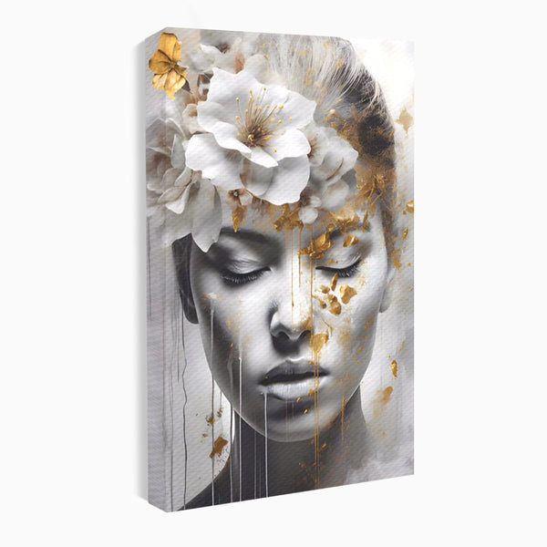 Tablou Canvas Premium LuxCanva® A1467, Chip Infloritor , Living, Fata, Flori, Linii Aurii, Decorativ, Room, Culori Vibrante