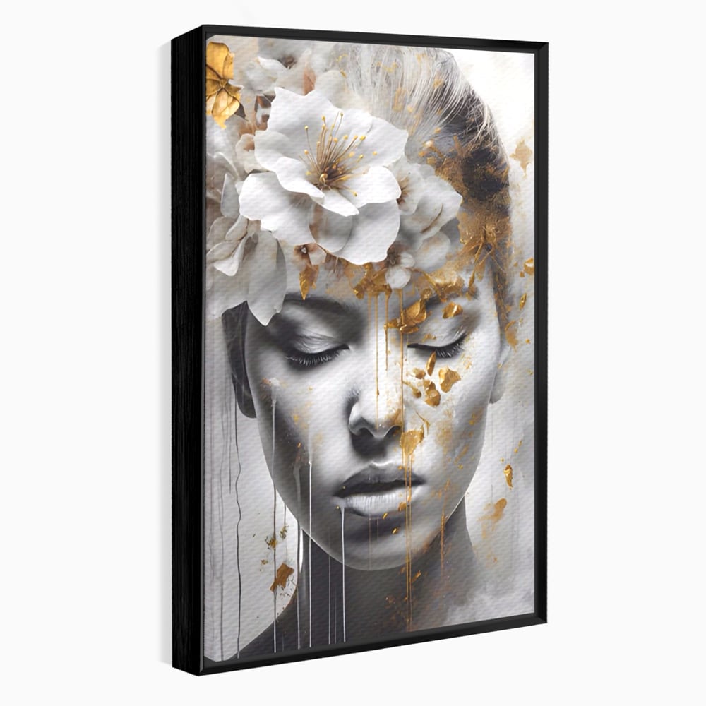 Tablou Canvas Premium LuxCanva® A1467, Chip Infloritor , Living, Fata, Flori, Linii Aurii, Decorativ, Room, Culori Vibrante
