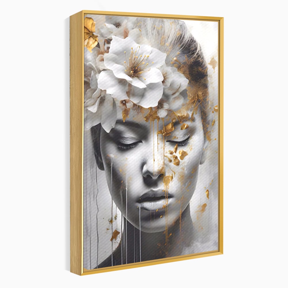 Tablou Canvas Premium LuxCanva® A1467, Chip Infloritor , Living, Fata, Flori, Linii Aurii, Decorativ, Room, Culori Vibrante