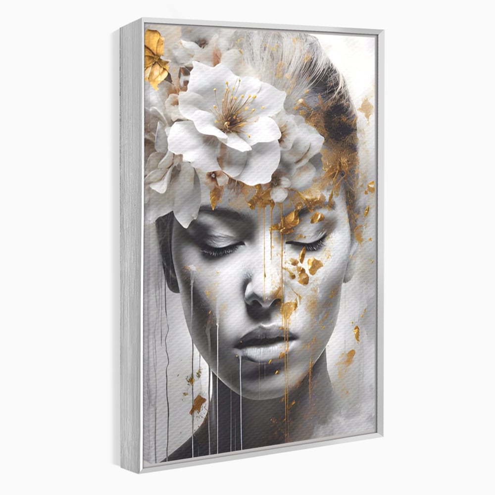 Tablou Canvas Premium LuxCanva® A1467, Chip Infloritor , Living, Fata, Flori, Linii Aurii, Decorativ, Room, Culori Vibrante