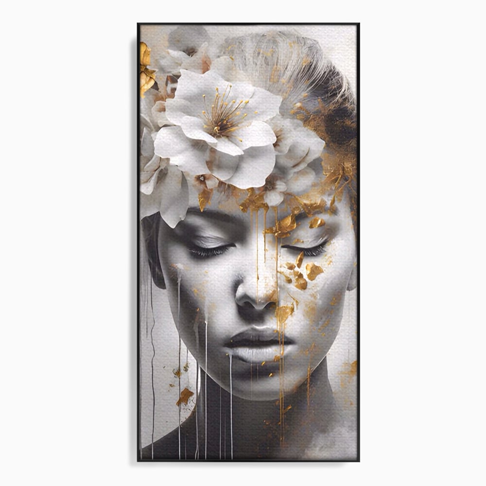 Tablou Canvas Premium LuxCanva® A1467, Chip Infloritor , Living, Fata, Flori, Linii Aurii, Decorativ, Room, Culori Vibrante