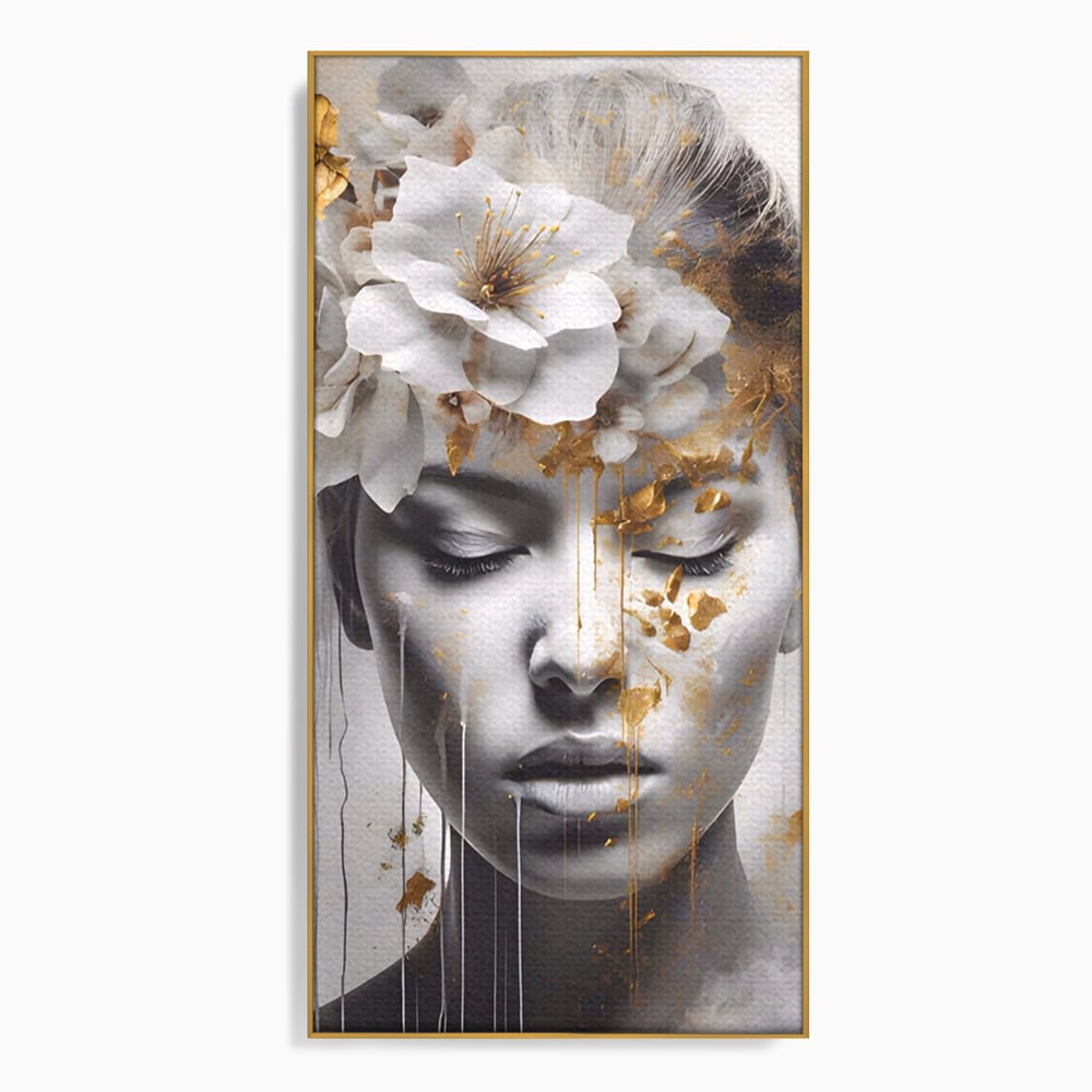Tablou Canvas Premium LuxCanva® A1467, Chip Infloritor , Living, Fata, Flori, Linii Aurii, Decorativ, Room, Culori Vibrante