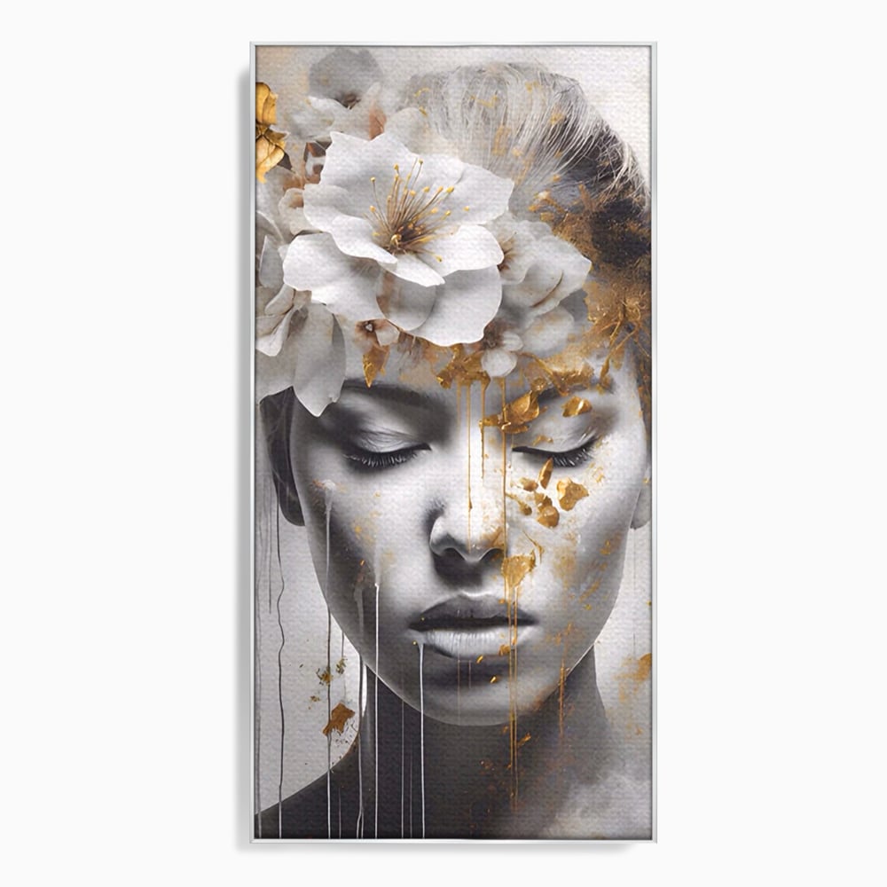 Tablou Canvas Premium LuxCanva® A1467, Chip Infloritor , Living, Fata, Flori, Linii Aurii, Decorativ, Room, Culori Vibrante