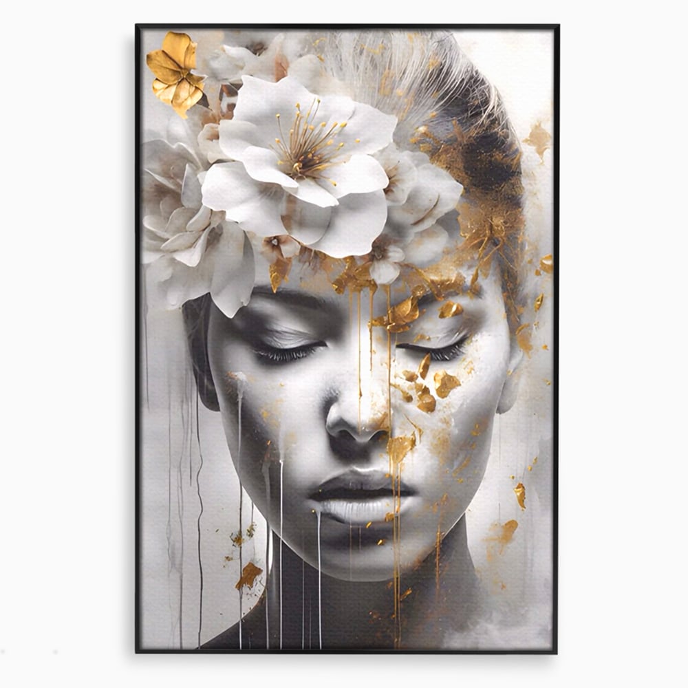 Tablou Canvas Premium LuxCanva® A1467, Chip Infloritor , Living, Fata, Flori, Linii Aurii, Decorativ, Room, Culori Vibrante