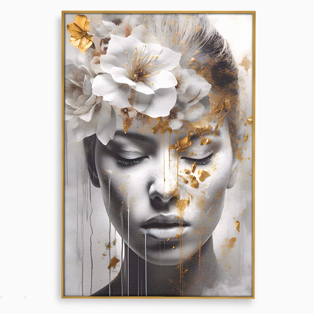 Tablou Canvas Premium LuxCanva® A1467, Chip Infloritor , Living, Fata, Flori, Linii Aurii, Decorativ, Room, Culori Vibrante
