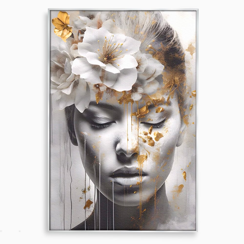 Tablou Canvas Premium LuxCanva® A1467, Chip Infloritor , Living, Fata, Flori, Linii Aurii, Decorativ, Room, Culori Vibrante