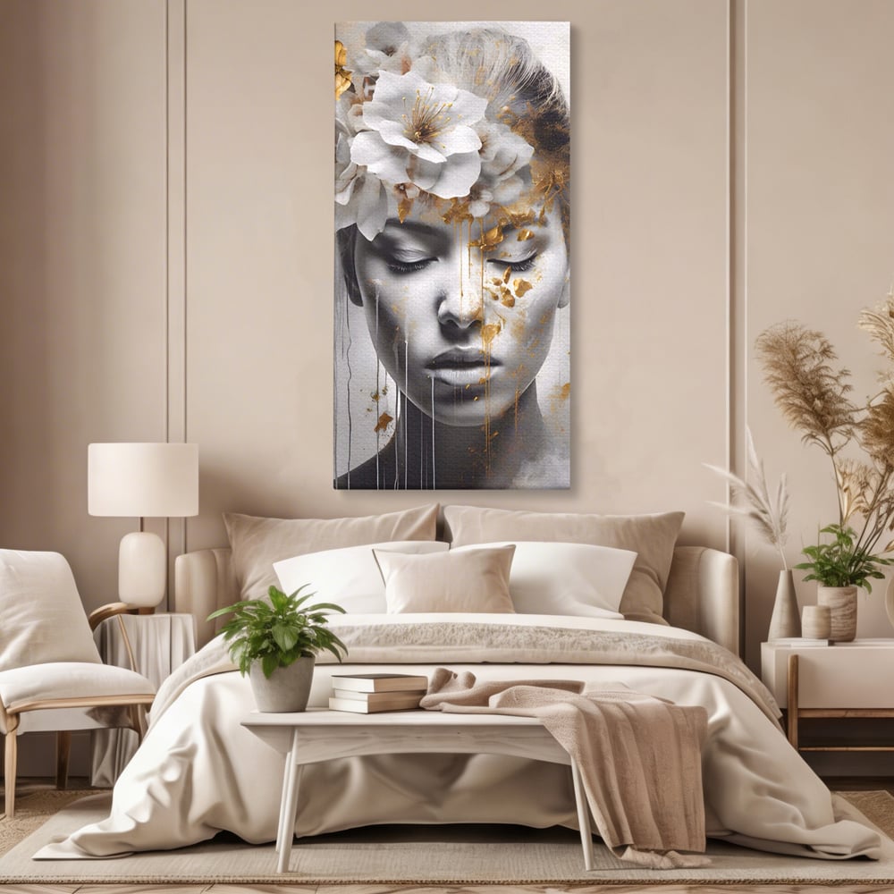 Tablou Canvas Premium LuxCanva® A1467, Chip Infloritor , Living, Fata, Flori, Linii Aurii, Decorativ, Room, Culori Vibrante
