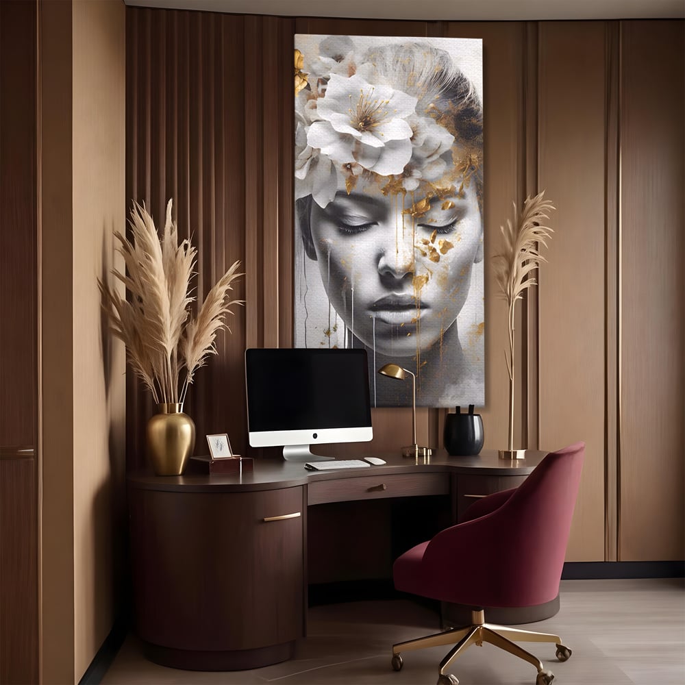 Tablou Canvas Premium LuxCanva® A1467, Chip Infloritor , Living, Fata, Flori, Linii Aurii, Decorativ, Room, Culori Vibrante
