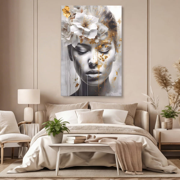 Tablou Canvas Premium LuxCanva® A1467, Chip Infloritor , Living, Fata, Flori, Linii Aurii, Decorativ, Room, Culori Vibrante