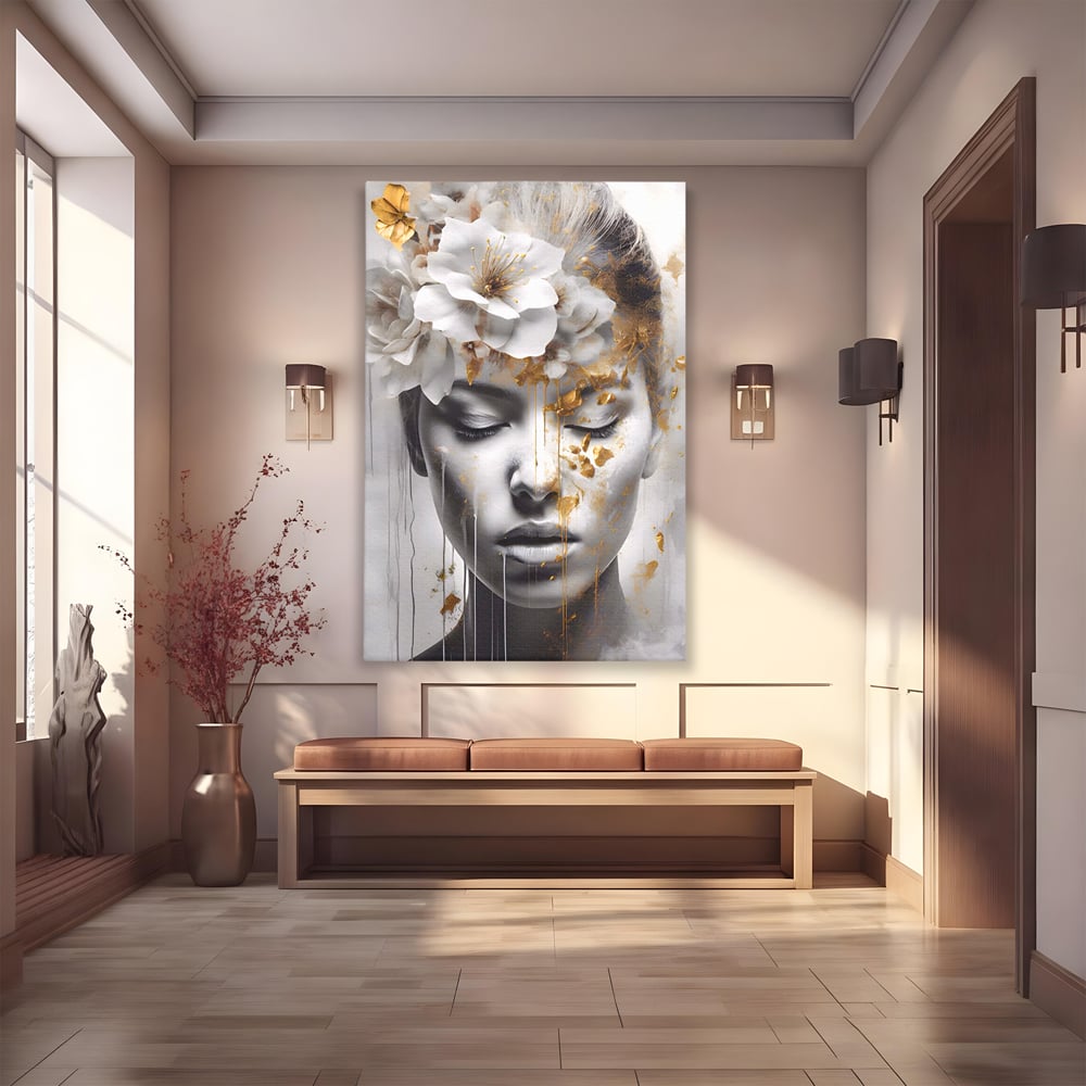 Tablou Canvas Premium LuxCanva® A1467, Chip Infloritor , Living, Fata, Flori, Linii Aurii, Decorativ, Room, Culori Vibrante